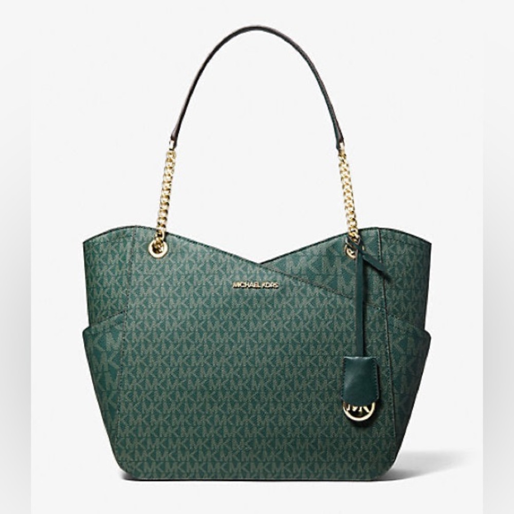 Michael Kors Jet Set Large Chain Shoulder Tote Racing Green Mk Signature Logo